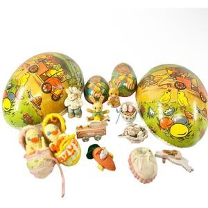 Vtg Easter Ornaments Wood Dakin Crochet Paper Mache Egg Chick Bunny Rabbit Lot